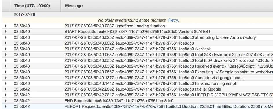 Output of a Selenium script running in Headless Chrome on AWS Lambda